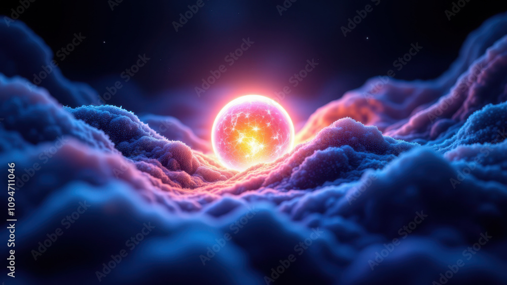 Poster abstract high-tech background featuring a glowing planet amidst cosmic clouds.