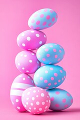 Colorful pastel eggs artfully stacked against a soft pink backdrop creating a festive and cheerful atmosphere