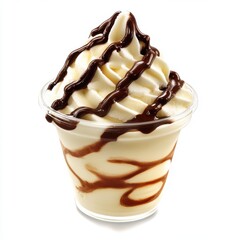 A cup of vanilla soft-serve ice cream swirled to perfection and topped with a glossy isolated on a white background