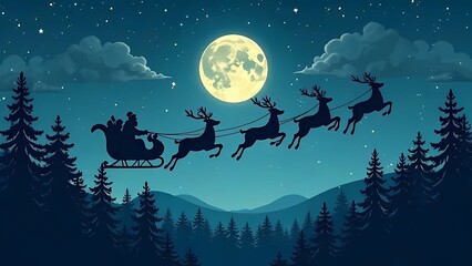 Christmas Card. Silhouette of reindeer flying in sleigh with Santa Claus against the background of full moon and starry sky over pine forest.	