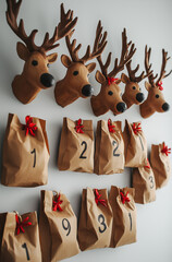 A festive wall display of reindeer heads with numbered ears and envelopes filled with treats, creating an adorable Christmas scene for kids.