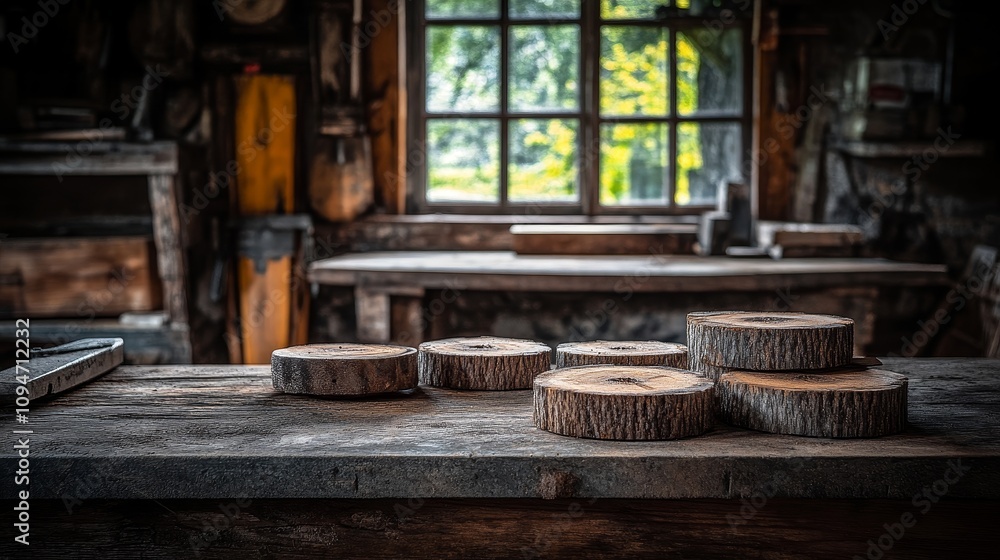 Poster a rustic workbench with wooden blocks in a workshop