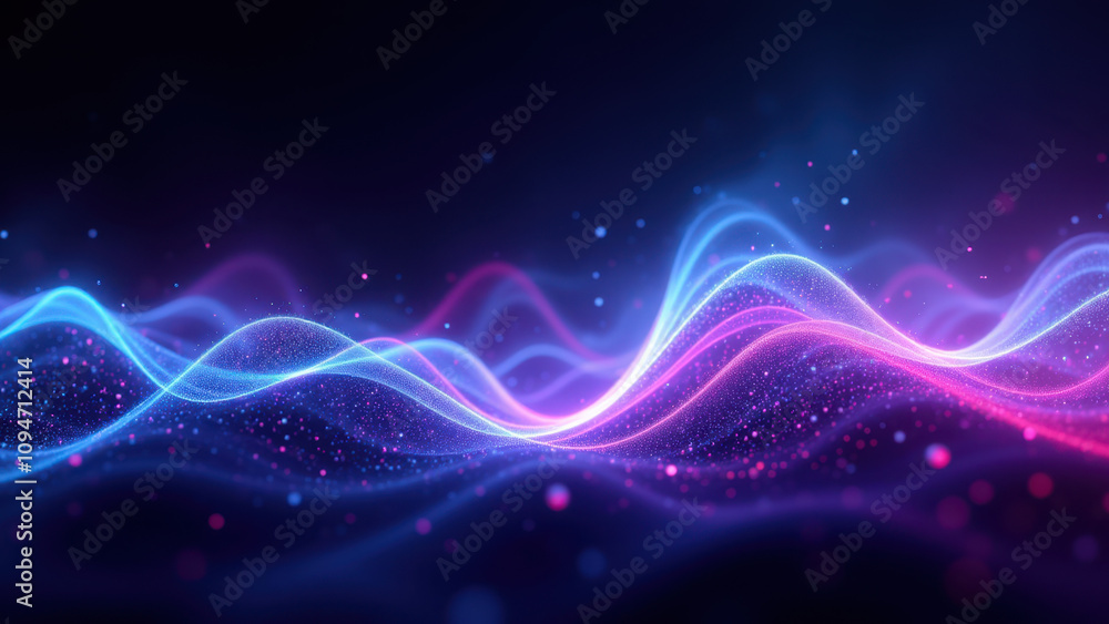 Poster abstract high-tech wave motion with colorful energy particles.