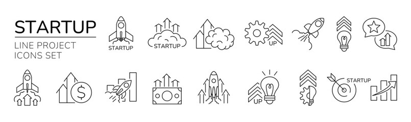 Rocket icon. Startup business line logo. Financial technology. Success vision. Creative goal. Money idea. Chart growth. Computer innovation. Growth innovation. Economy strategy. Vector garish sign set