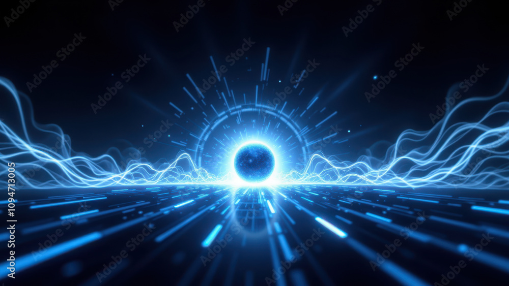 Poster abstract high-tech background with blue circular energy field and dynamic light streaks.