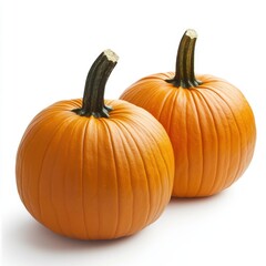 Obraz premium A front and slightly angled view of two bright orange pumpkins with green stems isolated on a white background