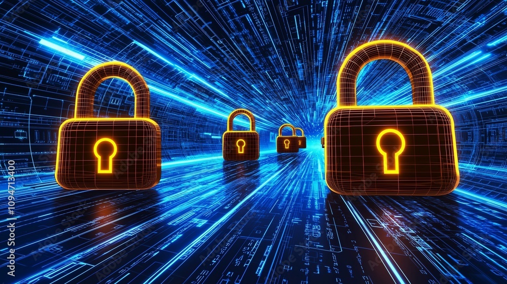 Poster digital locks symbolize data encryption and online privacy protection.