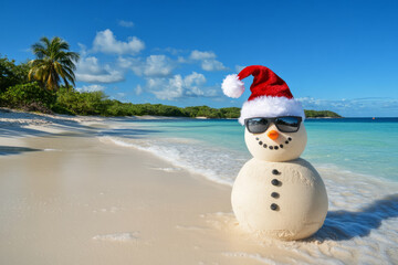 A snowman made from sand wearing a Christmas santa hat on a sunny beach. Christmas vacation