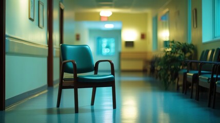 Empty teal chair in a hospital corridor creating an atmosphere of solitude and calmness, highlighting healthcare space and waiting areas in medical facilities.