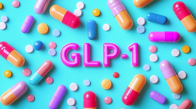 Colorful pills and glp-1 text symbolize medication and treatment.
