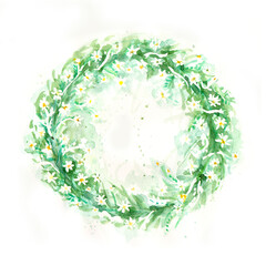Wreath of watercolor daisy flowers home decor cozy atmosphere flower shop background
