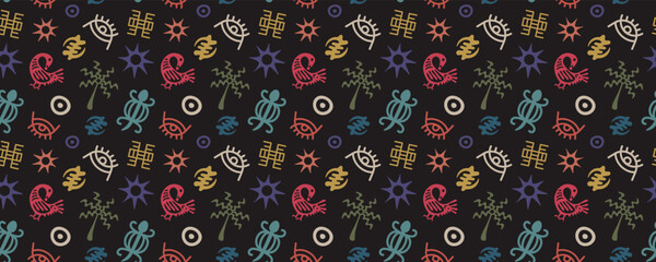 Seamless African pattern. Abstract Africa background. Ethnic texture. Oriental ornament. Repeated print. Mexican graphic. Aztec turtle and bird. Flat palm. Indian culture fabric. Vector hand textiles