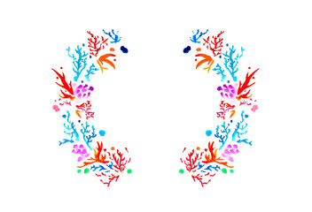 Round watercolor coral reef crown, circle decoration, coral nature protection ocean illusration aquarelle deco whithe background pattern