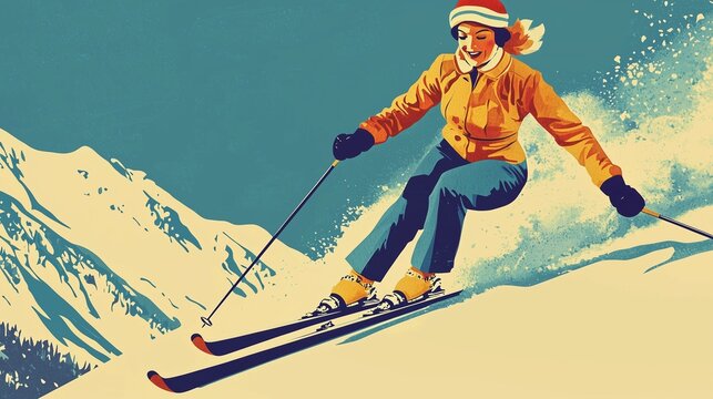 Pop art poster of a woman skiing downhill, vibrant colors, vintage style.