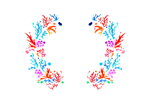 Round watercolor coral reef crown, circle decoration, coral nature protection ocean illusration aquarelle deco whithe background pattern