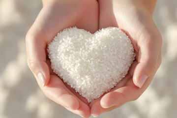 Close-up of hands cupping white rice shaped like a heart, symbolizing love, nourishment, and care, with soft natural light.