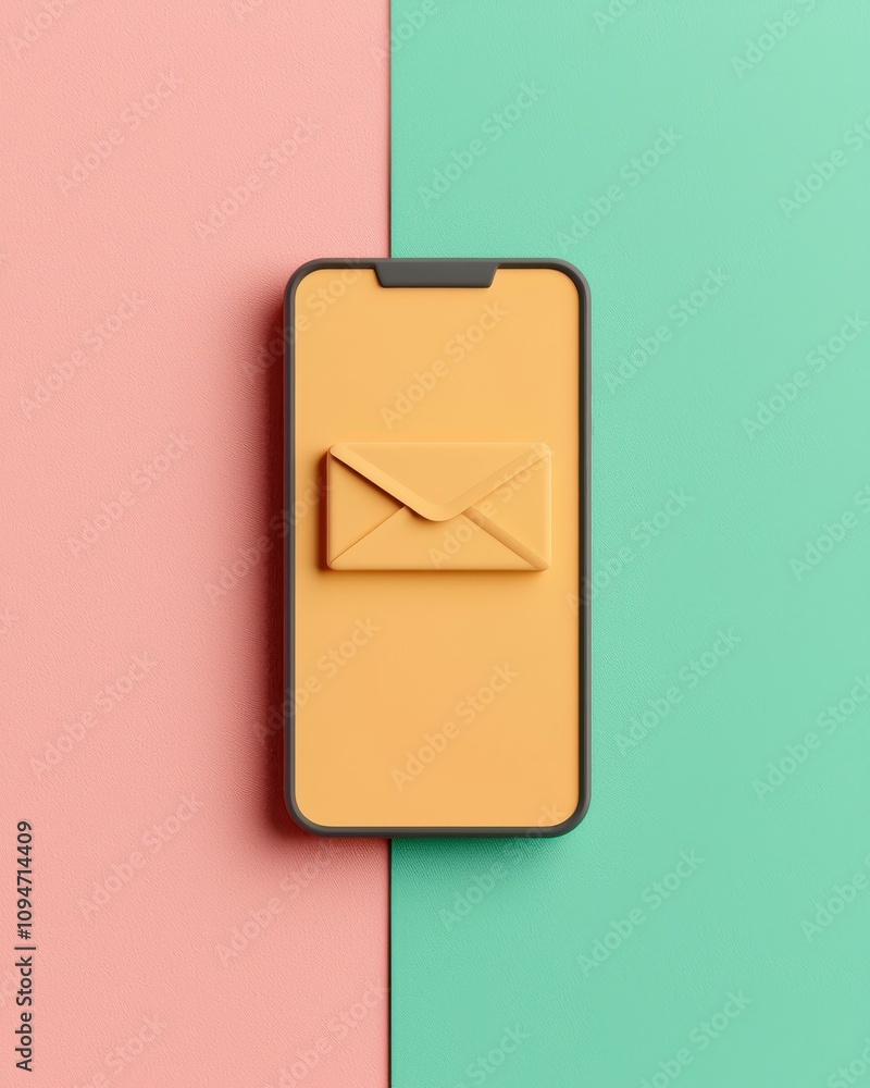 Poster a vibrant smartphone with an envelope design on a two-tone background of pink and green, symbolizing