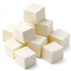 A pile of creamy white tofu cubes stacked unevenly Isolated on a white background