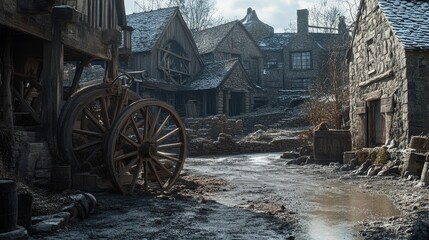 Obraz premium A Muddy Street in a Medieval Town with a Wooden Wagon Wheel in the Foreground