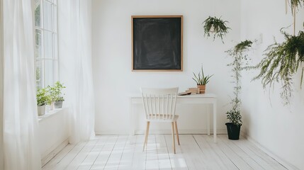 Bright minimalist home office with plants, white desk, chair, and chalkboard.