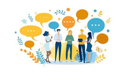 A group of diverse people engaged in conversation with speech bubbles, symbolizing communication and collaboration.