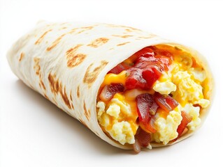hearty breakfast burrito filled with scrambled eggs, bacon, cheese, and salsa isolated