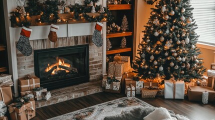 Christmas tree, fireplace, and gifts for a cozy holiday setting