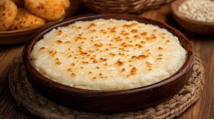 A round dish of creamy, white, baked rice pudding with a crispy brown top, in a wooden bowl.