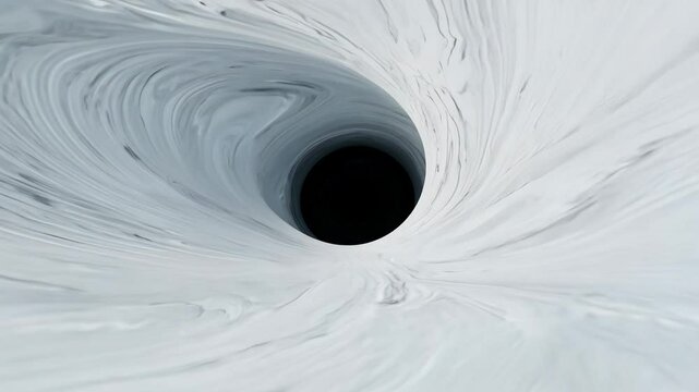Camera zooms out from a central point as a black hole appears, its gravitational pull distorting and exploding the white space