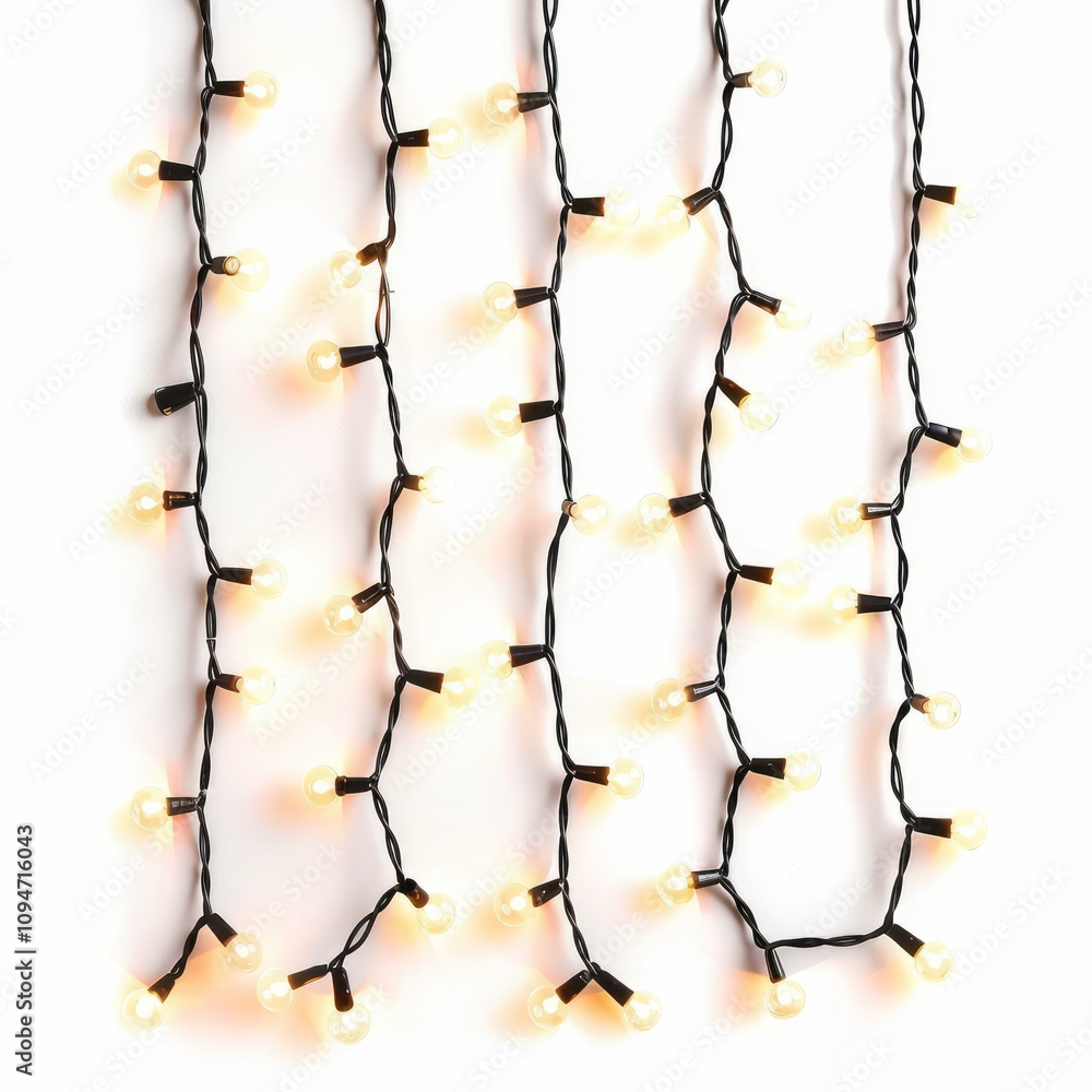 Poster glowing string lights hanging on white background creating festive atmosphere