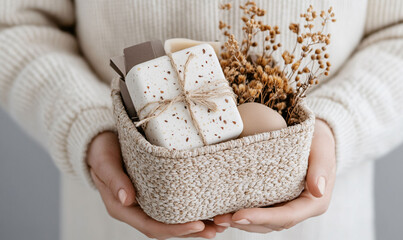 Hands holding eco-friendly gift basket