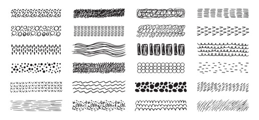 Hand drawn textures collection. abstract brushes, drawing textures from thin lines of different shapes. Set of doodle swirling and straight shapes