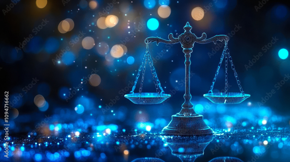 Poster ai-driven digital justice scale with data elements on blue bokeh background