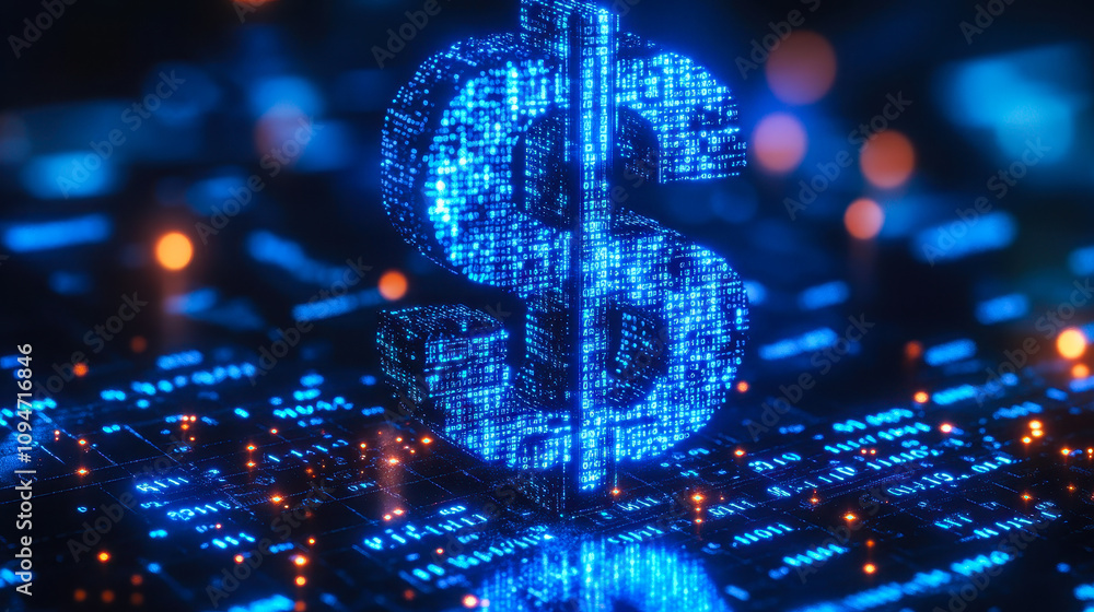 Poster digital blue dollar icon with binary code for ai financial management platforms