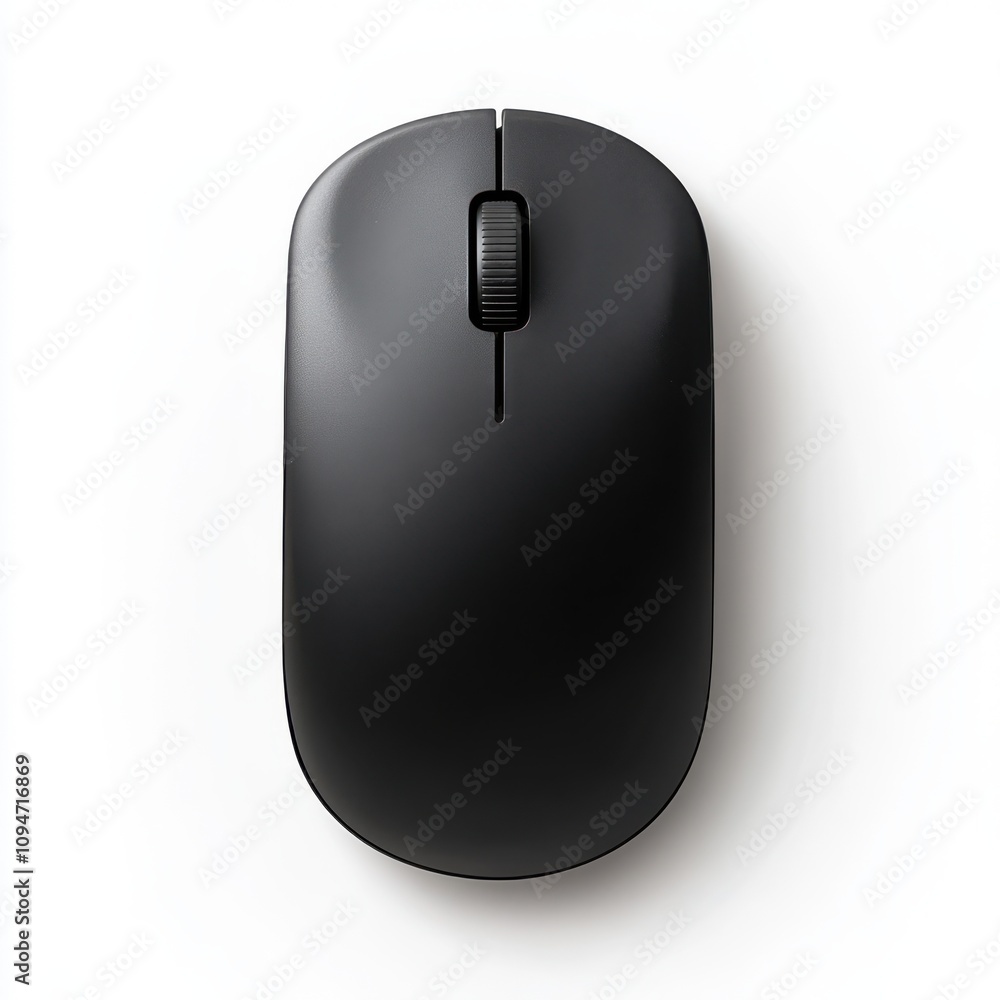 Poster a sleek black wireless computer mouse with a minimalistic design, isolated on a white background