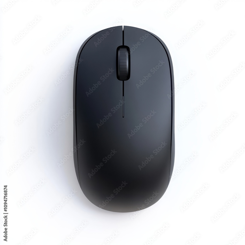 Poster a sleek black wireless computer mouse with a minimalistic design, isolated on a white background