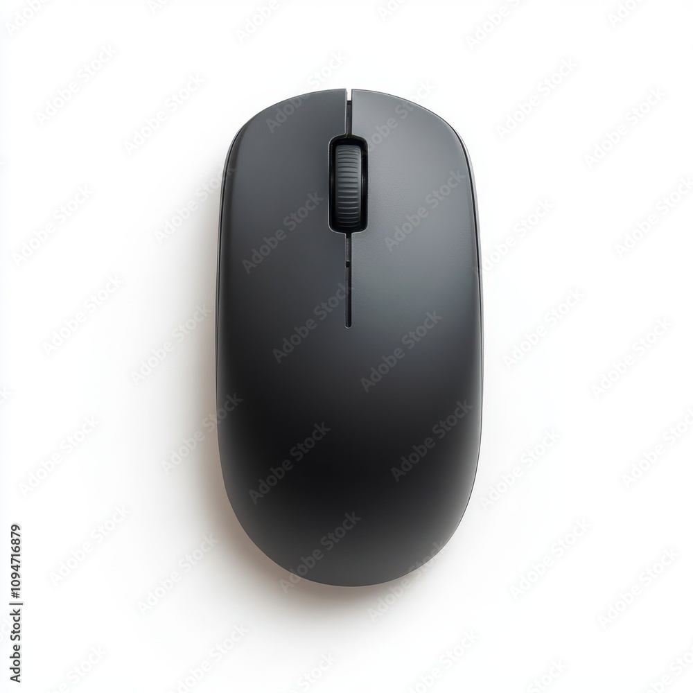 Poster a sleek black wireless computer mouse with a minimalistic design, isolated on a white background