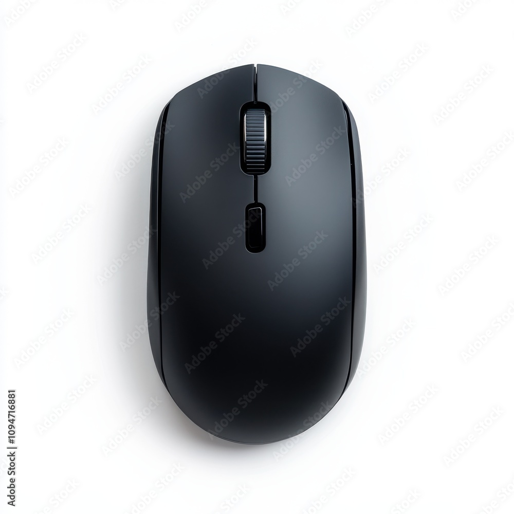 Poster a sleek black wireless computer mouse with a minimalistic design, isolated on a white background