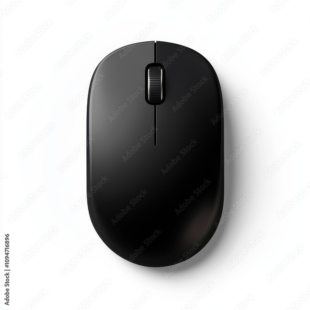 Poster a sleek black wireless computer mouse with a minimalistic design, isolated on a white background