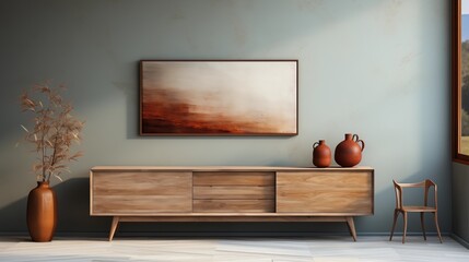 Simple rustic living room with an empty mock-up poster frame above a wooden dresser, offering a minimalist aesthetic with cozy home decor accents.