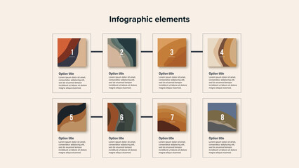 Business process chart infographics with 8 step squares. Rectangular workflow graphic elements. Company flowchart presentation slide. Vector info graphic in flat design