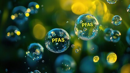 Pfas pollution concept: chemical bubbles in green environment