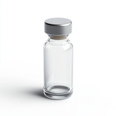 A small, transparent glass vial with a metallic cap The vial is shown from a front view isolated on a white background