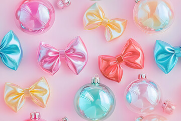 retro glass bow shaped christmas baubles pattern on a pastel background, flat lay