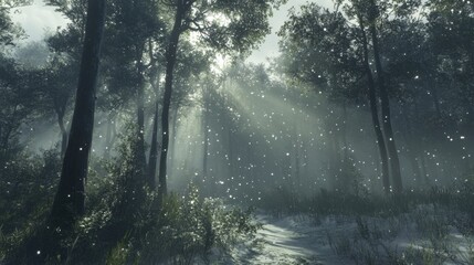 Obraz premium Sunlight filters through a serene winter forest, illuminating falling snowflakes, AI