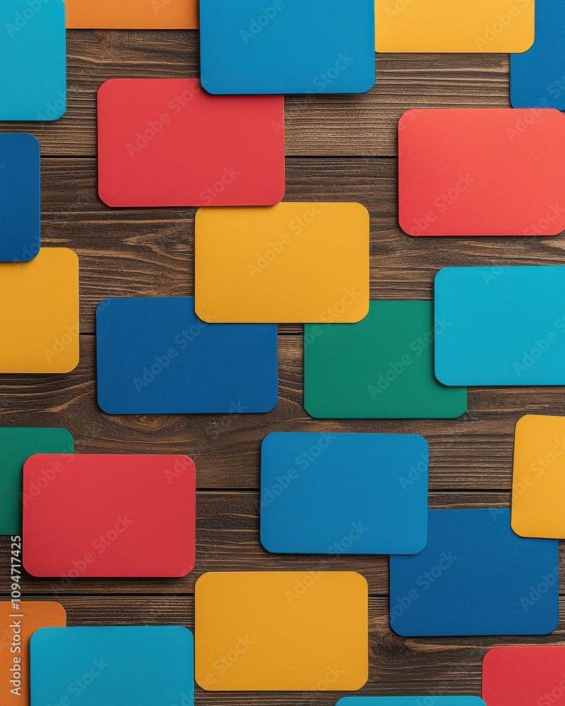Poster a vibrant arrangement of colorful rectangular cards laid out on a wooden surface, creating an engagi