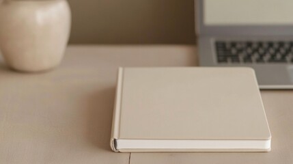 Minimalist workspace with closed notebook and laptop in neutral tones