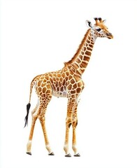 Naklejka premium Elegant giraffe calf standing tall against a clean white background