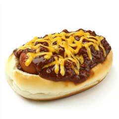 A soft bun holding a juicy hot dog topped with a generous layer of chili and melted cheese isolated on a white background