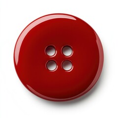 Fototapeta premium A straight front view of a glossy, red, round button with four evenly spaced holes isolated on a white background